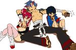  2boys black_hair blue_hair boota breast_grab breasts grabbing kamina kamina_shades medium_breasts multiple_boys red_hair saliva sarashi shirtless simon sleeping tattoo tengen_toppa_gurren_lagann thighhighs yachii yoko_littner 