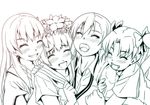  arm_hug blush closed_eyes date_(senpen) flower gradient green hair_flower hair_ornament head_wreath lineart long_hair misaka_mikoto monochrome multiple_girls purple sakugawa_school_uniform saten_ruiko school_uniform serafuku shirai_kuroko short_hair sweater_vest tears to_aru_kagaku_no_railgun to_aru_majutsu_no_index tokiwadai_school_uniform twintails uiharu_kazari 