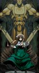  black_ribbon bonnet brown_hair dress drill_hair full_body green_dress green_eyes green_skirt head_out_of_frame head_scarf holding long_hair long_skirt long_sleeves looking_at_viewer marimo_(t2_h_t) neck_ribbon red_eyes ribbon rozen_maiden skirt smile solo standing statue suiseiseki twin_drills very_long_hair watering_can wing_collar 