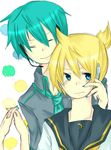 blonde_hair blue_eyes eyes_closed hand_holding hatsune_mikuo headset hold_hand holding_hands kagamine_len nail_polish necktie nervous vocaloid 