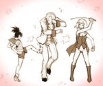  2girls angry arm_up bangs blush boots brown child clenched_hand covering_one_eye cravat formal from_behind gloves gradient gradient_background gyakuten_kenji gyakuten_kenji_2 gyakuten_saiban hair_intakes ichijou_mikumo karuma_mei kicking mitsurugi_reiji monochrome multiple_girls open_mouth pain pants pink_background ponytail riding_crop school_uniform short_hair shorts sleeveless suit sweat swept_bangs syaofoo teenage younger 