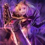  altea armor blonde_hair demon_girl edobox gauntlets horns long_hair midriff pixiv_fantasia pixiv_fantasia_4 pointy_ears red_eyes solo sword weapon 