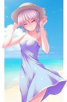  aqua_dress bad_id bad_pixiv_id beach breasts cloud darker_than_black day dress hand_on_headwear hat medium_breasts outdoors pink_eyes ponytail shokuyou_mogura silver_hair sky smile solo sun_hat sundress water wind wind_lift yin 