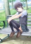  bad_id bad_pixiv_id bangs bench black_hair day eyebrows_visible_through_hair eyes full_body legs looking_at_viewer original outdoors park school_uniform short_sleeves sitting skirt solo tenkuu_nozora thighhighs zettai_ryouiki 