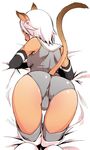  animal_ears ass bed_sheet cat_ears cat_tail elbow_gloves fat_mons final_fantasy final_fantasy_xi from_behind gloves grey_legwear kimky looking_back mithra short_hair solo tail tan thighhighs top-down_bottom-up white_hair 
