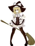  alternate_costume bad_id bad_pixiv_id black_legwear blonde_hair bow broom curiosities_of_lotus_asia garters hair_ribbon hand_on_hip hat kirisame_marisa lace large_bow legs ribbon shoes solo takaharu thighhighs touhou witch witch_hat wrist_cuffs yellow_eyes zettai_ryouiki 