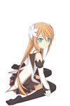  bare_shoulders blue_eyes brown_hair detached_sleeves feet flower from_above gloves hair_flower hair_ornament marta_lualdi miniskirt sakon2 sitting skirt smile solo tales_of_(series) tales_of_symphonia tales_of_symphonia_knight_of_ratatosk thighhighs wariza white_background white_gloves 