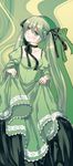 dress gown green_eyes green_hair hatsune_miku long_hair smile solo taroll twintails very_long_hair vocaloid 