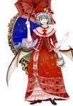  alternate_costume bag blue_hair dress elbow_gloves embellished_costume fang gloves handbag hat low_wings mirror open_mouth parasol pocket_watch red_dress red_eyes remilia_scarlet shoes short_hair smile solo touhou tsurui umbrella watch wings 