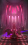  azzie_(az_man_studios) bad_id bad_pixiv_id bat_wings blue_hair glowing glowing_eyes hat highres polearm red_eyes red_sky remilia_scarlet short_hair skull sky solo spear_the_gungnir standing throne touhou weapon wings 