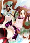  black_hair brown_eyes brown_hair cellphone checkered checkered_skirt double_spoiler flying geta hat himekaidou_hatate kurot motion_blur multiple_girls open_mouth phone red_eyes shameimaru_aya skirt smile symbol-shaped_pupils tengu-geta thighhighs tokin_hat touhou twintails wings 