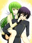  1girl ashford_academy_uniform black_hair bow c.c. code_geass green_hair hair_bow highres lelouch_lamperouge long_hair purple_eyes school_uniform smile tohoho_(hoshinoyami) yellow_eyes 