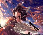  bow broom brown_hair chiro_(suzuka98) detached_sleeves hair_bow hakurei_reimu short_hair solo torii touhou yellow_eyes 