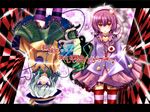  green_hair hairband hat heart heart_of_string komeiji_koishi komeiji_satori multiple_girls purple_eyes purple_hair red_eyes short_hair siblings sisters striped striped_legwear thighhighs tori_rui touhou 