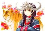  bad_id bad_pixiv_id black_hair braid chinese_clothes crown flower hair_over_shoulder lips long_hair mitakarat orange_eyes original solo tiger twin_braids 