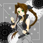  aerith_gainsborough bad_id bad_pixiv_id bare_shoulders belt black_ribbon brown_hair dress final_fantasy final_fantasy_vii green_eyes jacket long_hair lowres ponytail ribbon solo staff very_long_hair wristband yue_(pixiv505659) 