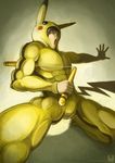  bruce_lee bruce_lee's_jumpsuit cosplay crossover fighting_stance gen_1_pokemon male_focus manly muscle nunchaku parody pikachu pikachu_(cosplay) pokemon pokemon_(creature) ry-spirit solo weapon 