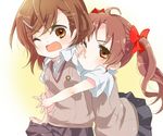  bad_id bad_pixiv_id brown_eyes brown_hair hadaarennjared hug kiss long_hair misaka_mikoto multiple_girls o3o school_uniform shirai_kuroko short_hair sweater_vest to_aru_kagaku_no_railgun to_aru_majutsu_no_index twintails yuri 