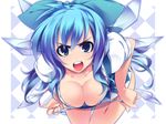  1girl alternate_breast_size alternate_hair_length alternate_hairstyle angry aqua_eyes bangs bent_over blue_hair blue_panties blush bow breasts checkered cirno cleavage commentary curvy downblouse dragonmaterial frown hair_between_eyes hair_bow highres large_breasts leaning_forward long_hair older open_clothes open_mouth open_shirt panties panty_pull shirt simple_background solo standing striped striped_panties teeth thigh_gap touhou underwear undressing wallpaper wide_hips wings 