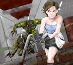  ! bare_shoulders blue_eyes boots brown_hair female fingerless_gloves gloves gun jill_valentine kusanagi_shion_(elda) lowres miniskirt monster resident_evil resident_evil_3 short_hair skirt weapon 