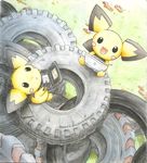  gen_2_pokemon hairy_pichu handheld_game_console image_sample kidura looking_up meta nintendo_ds no_humans pichu playing_games pokemon pokemon_(creature) pokemon_(game) pokemon_gsc product_placement tire traditional_media 
