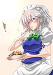  blue_eyes blush braid cookie food izayoi_sakuya jin_kashiwagi maid maid_headdress short_hair silver_hair touhou twin_braids 