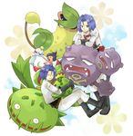  blue_hair boots cacnea carnivine chimecho clothes_writing dual_persona flower gen_1_pokemon gen_3_pokemon gen_4_pokemon gloves green_eyes kojirou_(pokemon) male_focus mime_jr. multiple_boys pokemon pokemon_(anime) pokemon_(creature) rose team_rocket time_paradox usao_(313131) victreebel weezing 