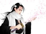  black_hair bleach japanese_clothes kuchiki_byakuya lips long_hair male_focus petals realistic scarf solo sword weapon 