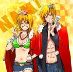  1girl abs bangle belt bikini bracelet character_name crown dual_persona genderswap genderswap_(ftm) grin jewelry kurok0 money nami_(one_piece) navel necklace one_eye_closed one_piece orange_background orange_hair short_hair short_shorts shorts smile swimsuit 