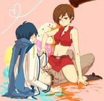  1girl alcohol assertive beer blue_hair blue_scarf brown_hair cowgirl_position food girl_on_top ice_cream kaito meiko midriff miya_(24toys) navel scarf short_hair skirt straddling vocaloid 