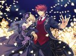  1girl beatrice blonde_hair blue_eyes breasts cleavage couple dress earrings elbow_gloves gloves hair_ornament height_difference hetero honda_tamanosuke jewelry kiseru medium_breasts petals pipe plant red_hair ring tuxedo umineko_no_naku_koro_ni ushiromiya_battler veil wedding_ring 