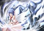  blue_eyes blue_hair detached_sleeves dress hair_ribbon highres ice mai_(touhou) open_mouth ribbon sakura_yuuya short_hair solo touhou touhou_(pc-98) 