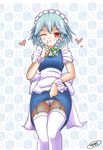  apron bad_id bad_pixiv_id blue_skirt bow braid dress dress_lift garter_straps izayoi_sakuya lace lace-trimmed_panties large_bow maid maid_headdress nekonyan_(nekoworld) one_eye_closed panties red_eyes short_hair silver_hair skirt solo thigh_gap thighhighs touhou twin_braids underwear white_legwear white_panties wrist_cuffs 