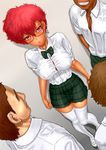  3boys 80s bespectacled breasts covered_nipples dark_skin dirty_pair faceless faceless_male full_body glasses grin imminent_rape kei_(dirty_pair) large_breasts multiple_boys oldschool pigeon-toed plaid plaid_skirt red_hair renko_(gayosiz) school_uniform see-through short_hair skirt smile thighhighs white_legwear zettai_ryouiki 