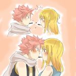  1girl blonde_hair blush couple erinan fairy_tail food hetero lucy_heartfilia natsu_dragneel pink_hair pocky pocky_kiss scarf shared_food 