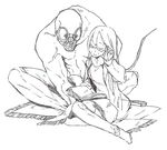  1girl bad_id bad_pixiv_id book closed_eyes gas_mask glasses goggles height_difference monster muscle oikawa_uso old original sitting sketch smile tail 