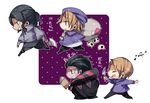  axe bad_id bad_pixiv_id bag book brown_hair caster_(fate/zero) chibi cross dual_persona earrings fate/zero fate_(series) hat jewelry jotman knife male_focus multiple_boys music musical_note renaissance signature singing skull translated uryuu_ryuunosuke weapon 