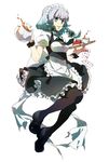  black_legwear blue_eyes braid card full_body hirasaka_ine izayoi_sakuya maid maid_headdress pantyhose playing_card short_hair silver_hair simple_background solo teapot touhou tray twin_braids white_background 