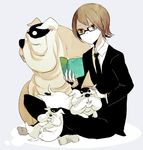  bad_id bad_pixiv_id book brown_hair dog glasses hasuhashi male_focus original petting reading solo 