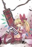 ahoge ascot boots child cicin cross-laced_footwear flandre_scarlet huge_weapon knee_boots lace-up_boots no_hat no_headwear panties pantyshot pantyshot_(sitting) red_eyes short_hair side_ponytail sitting solo striped striped_legwear sword thighhighs touhou underwear weapon wings 