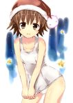  brown_eyes brown_hair hat highres naka one-piece_swimsuit santa_hat sawatari_fuu school_swimsuit shiny shiny_clothes short_hair solo swimsuit swimsuit_pull tamayura white_school_swimsuit white_swimsuit 