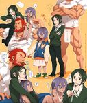  2boys assassin_(fate/zero) beard blush child_assassin_(fate/zero) facial_hair fate/zero fate_(series) green_eyes green_hair jacket letterman_jacket motsu_(kk_3) multiple_boys necktie no_pants purple_eyes purple_hair red_hair rider_(fate/zero) shirt short_hair t-shirt test_tube translated waver_velvet 