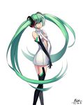  center_opening elbow_gloves gloves green_eyes green_hair hatsune_miku hatsune_miku_(append) highres kenneth_(qq) long_hair looking_back simple_background smile solo thighhighs twintails very_long_hair vocaloid vocaloid_append 
