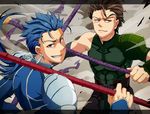  bad_id bad_pixiv_id black_hair blue_hair chako_(pukko) earrings fate/stay_night fate/zero fate_(series) gae_bolg gae_buidhe gae_dearg jewelry lancer lancer_(fate/zero) letterboxed long_hair male_focus mole mole_under_eye multiple_boys polearm ponytail red_eyes spear weapon yellow_eyes 