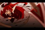  anime_coloring black_legwear ex_hien fang highres letterboxed mahou_shoujo_madoka_magica motion_blur polearm red_eyes red_hair sakura_kyouko solo spear thighhighs weapon 