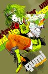  belt boots casual fashion goggles green_eyes green_hair gumi headphones headphones_around_neck highres jacket midriff nagimiso navel short_hair shorts smile solo thighhighs vocaloid 