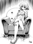  armchair blush bottomless bow braid chair crossed_legs dress_shirt greyscale hair_bow izayoi_sakuya monochrome naked_shirt navel no_bra open_clothes open_shirt shirt sitting slippers smile solo touhou twin_braids umyonge_(lkakeu) 