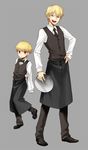  barista blonde_hair bow bowtie child child_gilgamesh dual_persona earrings fate/hollow_ataraxia fate/stay_night fate_(series) gilgamesh jewelry male_focus multiple_boys necktie red_eyes simple_background sunday31 vest waistcoat waiter younger 