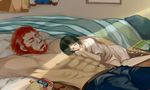  beard bed black_hair chulxi facial_hair fate/zero fate_(series) green_hair male_focus map multiple_boys oversized_clothes pants red_eyes red_hair rider_(fate/zero) shirtless sleeping waver_velvet yaoi 
