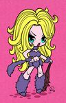  ayla ayla_(chrono_trigger) blonde_hair blue_eyes chibi chrono_trigger club cute female gantzcraziness hair human long_blonde_hair long_hair mammal midriff navel not_furry pink_background plain_background prehistoric solo tail weapon 